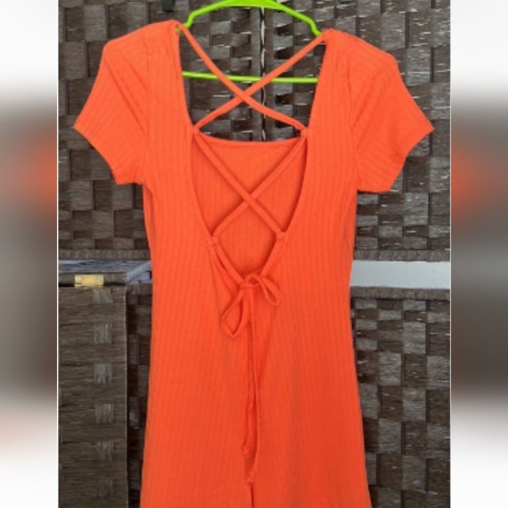 Womens Orange  Short Sleeve Lace Up Back Fitted Romper - Picture 5 of 6